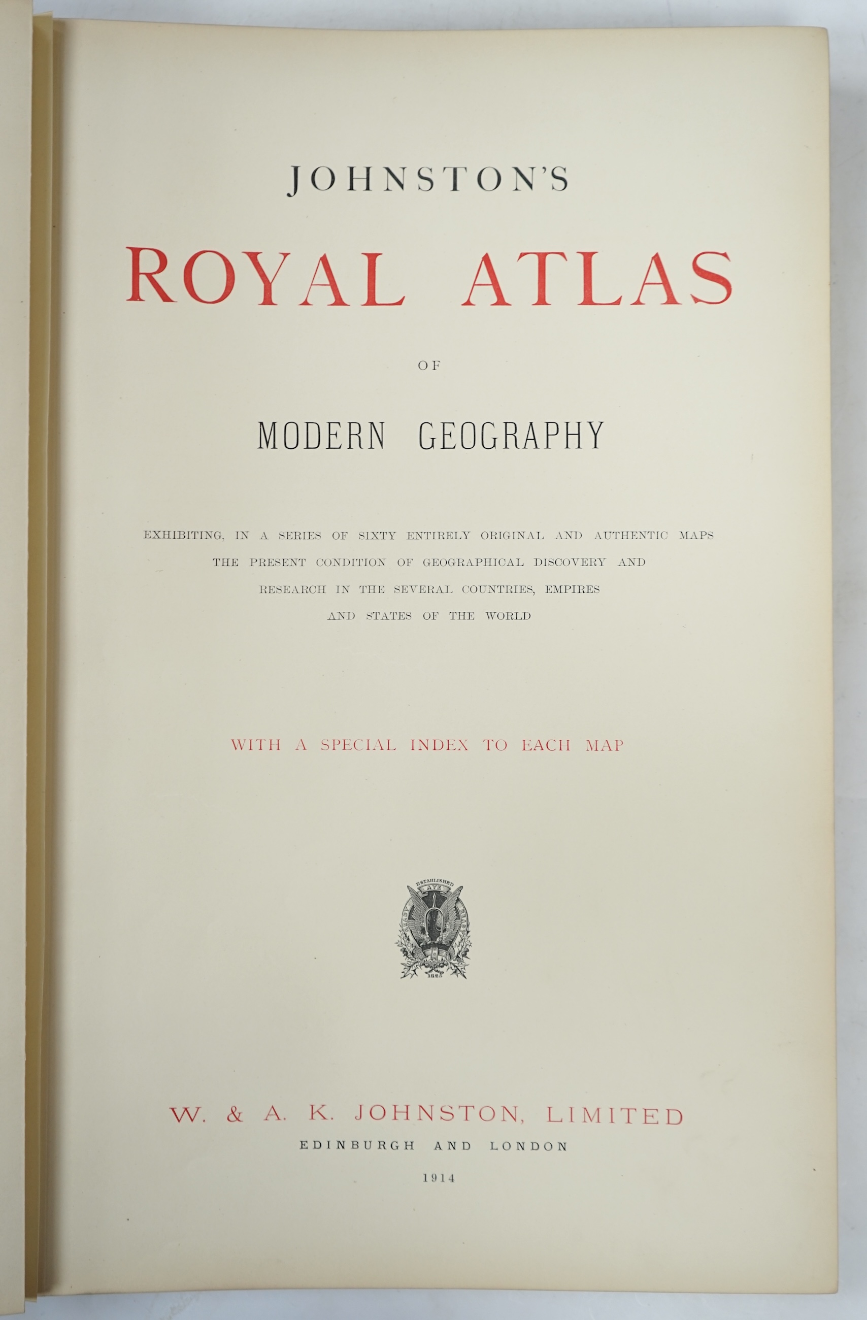 Johnston, A.K - The Royal Atlas of Modern Geography, folio, half red morocco, with 60 double-page maps, coloured in outline, Edinburgh, 1876